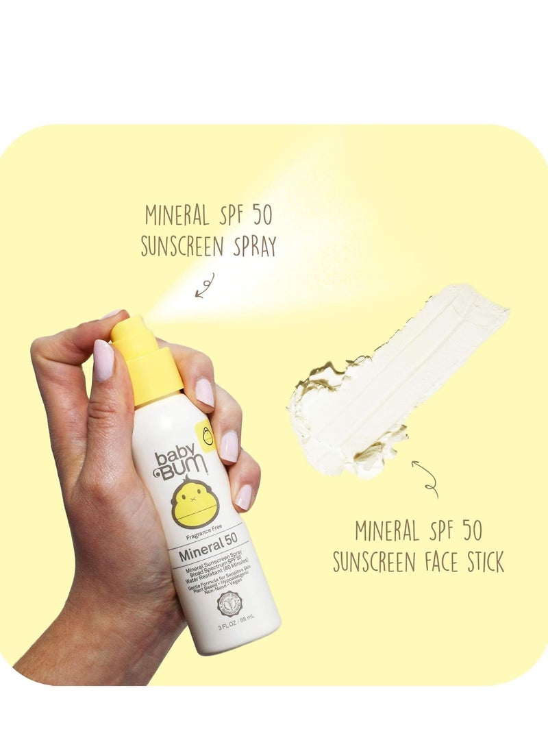 Sun Bum Baby Bum SPF 50 Sunscreen Spray & Face Stick | Mineral Uva/Uvb Face & Body Protection for Sensitive Skin | Fragrance Free | Travel Size