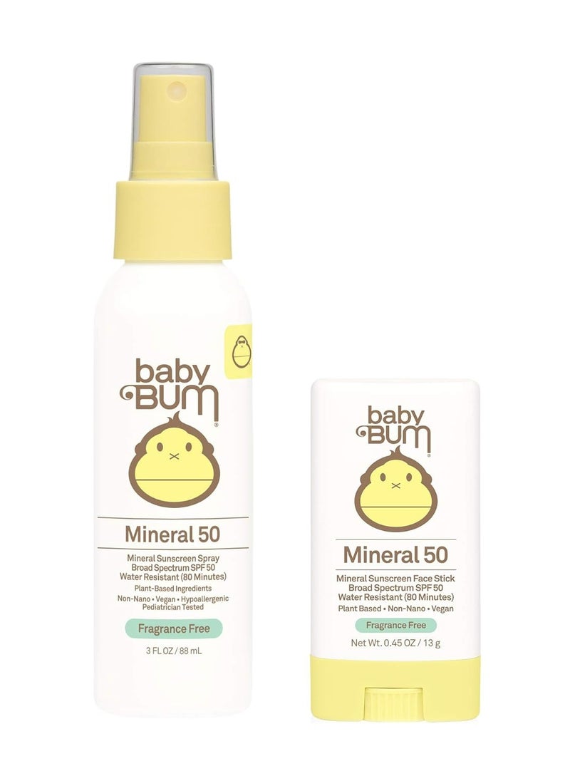 Sun Bum Baby Bum SPF 50 Sunscreen Spray & Face Stick | Mineral Uva/Uvb Face & Body Protection for Sensitive Skin | Fragrance Free | Travel Size