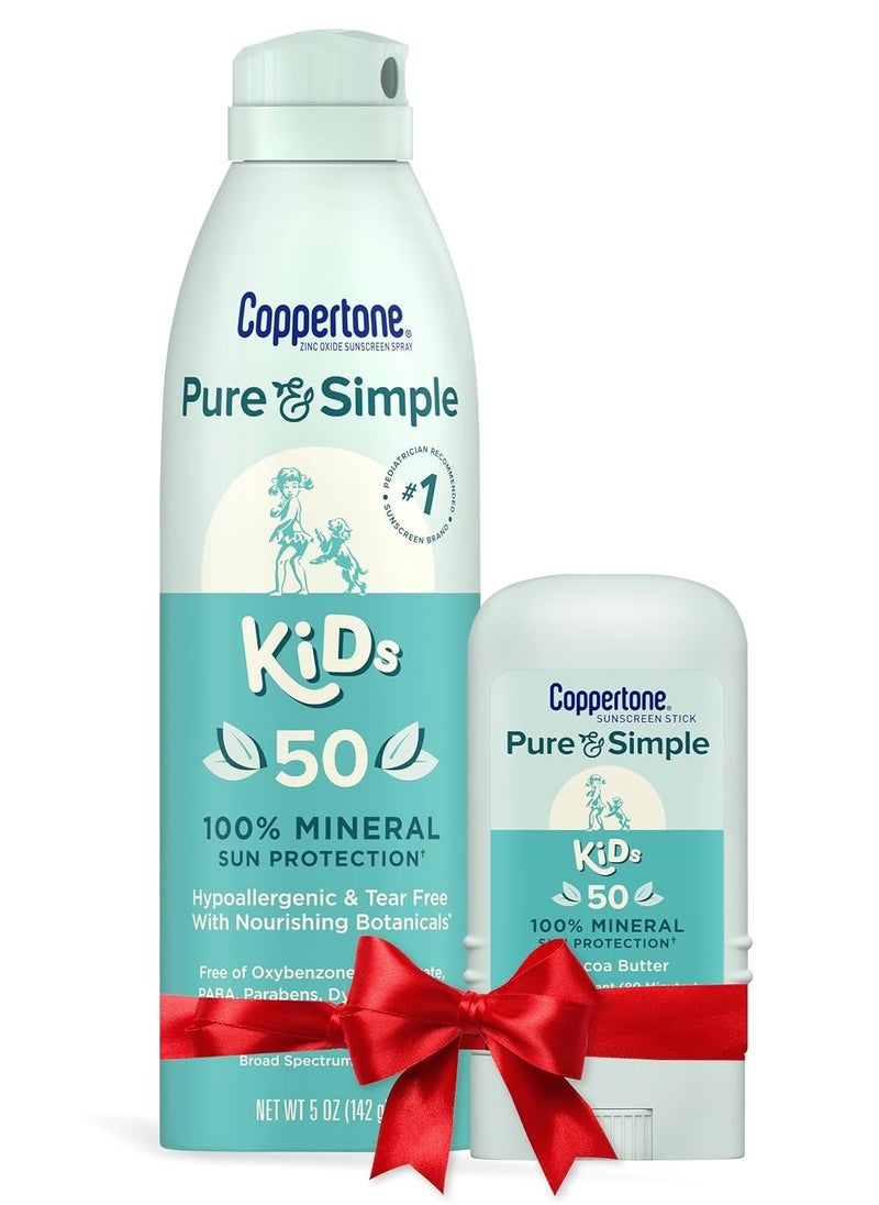 Coppertone Pure and Simple Kids Mineral Sunscreen Pack, Hypoallergenic, Tear Free Sunscreen for Kids, Sunscreen Spray SPF 50, 5 Oz Can + Sunscreen Stick SPF 50, 0.49 Oz, Holiday Gifts for Parents