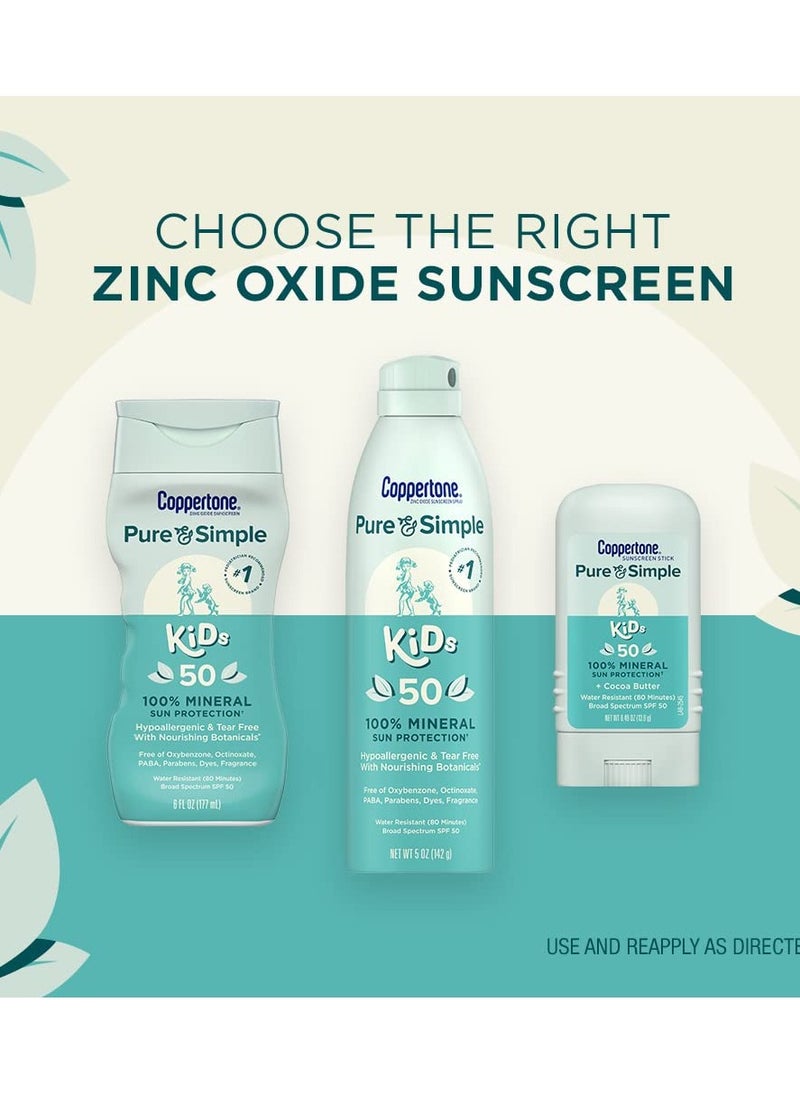 Coppertone Pure and Simple Kids Mineral Sunscreen Pack, Hypoallergenic, Tear Free Sunscreen for Kids, Sunscreen Spray SPF 50, 5 Oz Can + Sunscreen Stick SPF 50, 0.49 Oz, Holiday Gifts for Parents