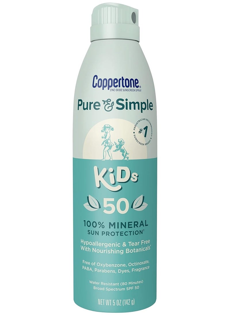 Coppertone Pure and Simple Kids Mineral Sunscreen Pack, Hypoallergenic, Tear Free Sunscreen for Kids, Sunscreen Spray SPF 50, 5 Oz Can + Sunscreen Stick SPF 50, 0.49 Oz, Holiday Gifts for Parents