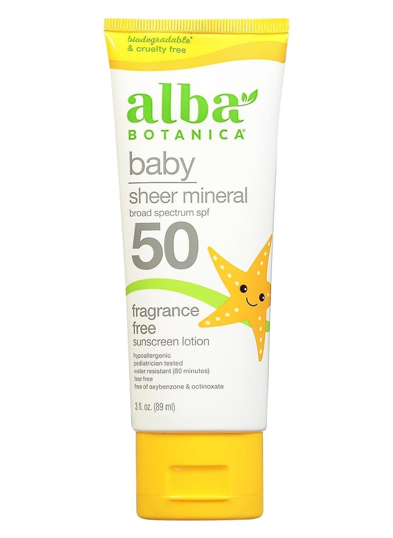 Alba Botanica Baby Sunscreen for Face and Body, Sheer Mineral Sunscreen Lotion, Broad Spectrum SPF 50, Water Resistant and Fragrance-Free, 3 Fl Oz (Packaging May Vary)