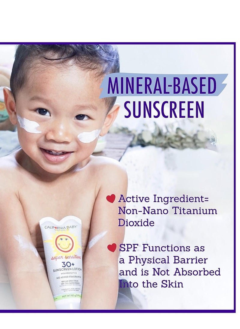 California Baby Super Sensitive SPF 30+ Sunscreen | Broad Spectrum | Titanium Dioxide | Hypoallergenic Unscented Mineral Sunscreen | Reef Safe Sunscreen | Sensitive Skin Friendly | 82g / 2.9oz