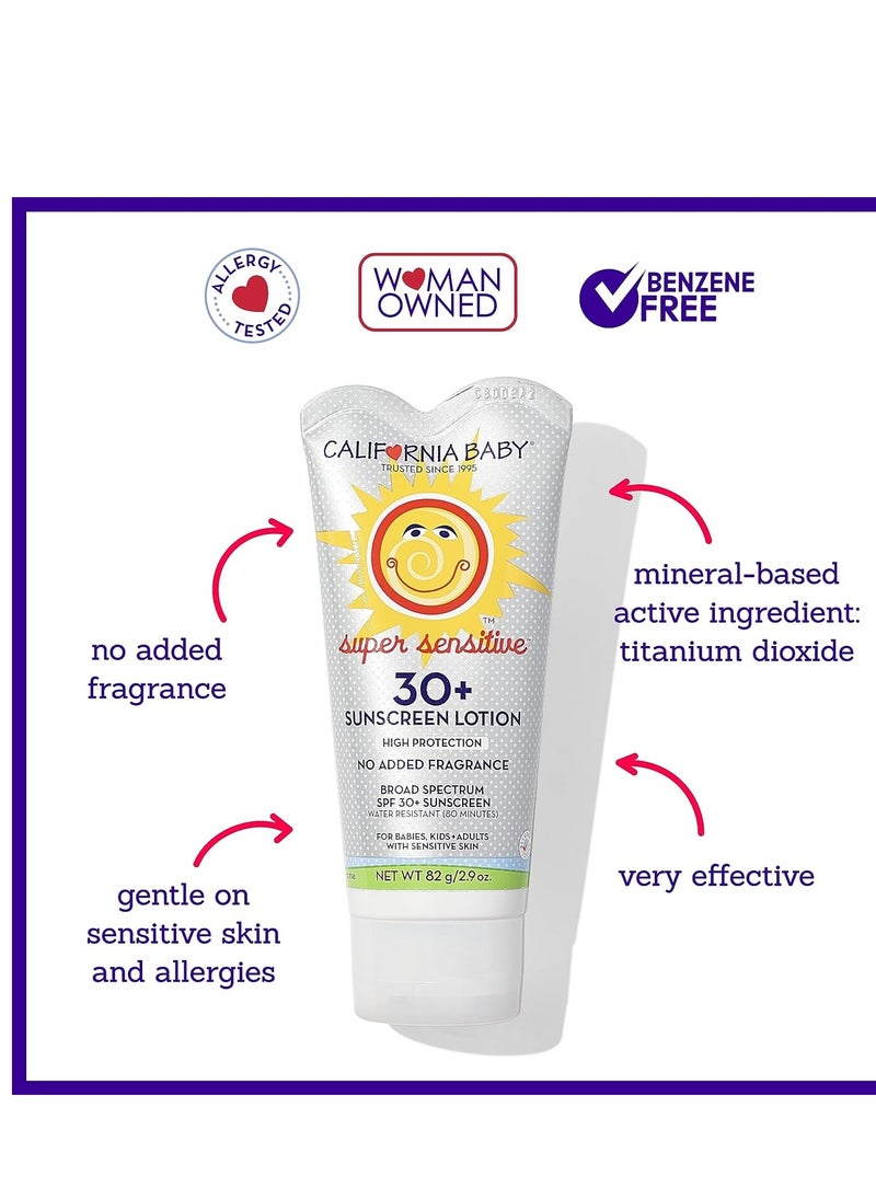 California Baby Super Sensitive SPF 30+ Sunscreen | Broad Spectrum | Titanium Dioxide | Hypoallergenic Unscented Mineral Sunscreen | Reef Safe Sunscreen | Sensitive Skin Friendly | 82g / 2.9oz