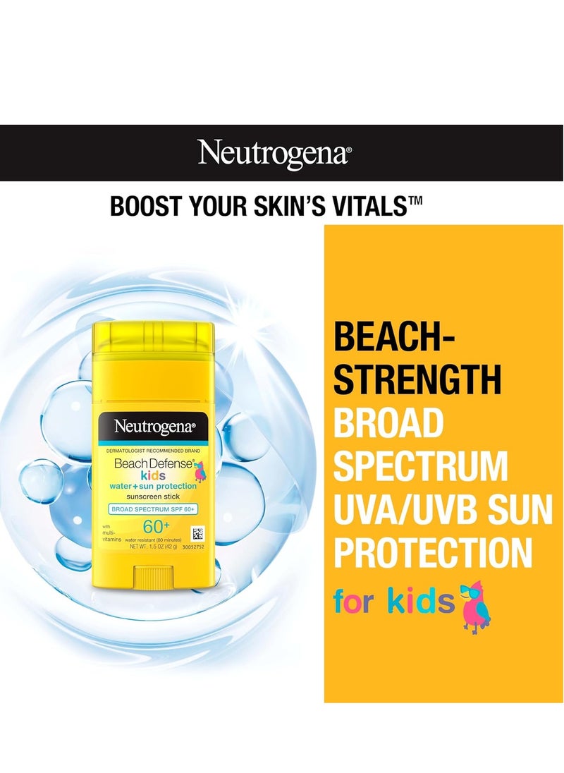 Neutrogena Beach Defense Kids Sunscreen Stick, Water-Resistant Sunscreen for Children, Broad Spectrum SPF 60+ for UVA/UVB Sun Protection, Oxybenzone-Free Sunscreen, 1.5 oz, 2 Pack