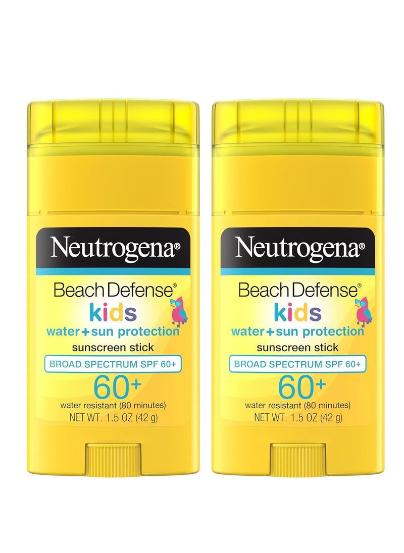 Neutrogena Beach Defense Kids Sunscreen Stick, Water-Resistant Sunscreen for Children, Broad Spectrum SPF 60+ for UVA/UVB Sun Protection, Oxybenzone-Free Sunscreen, 1.5 oz, 2 Pack