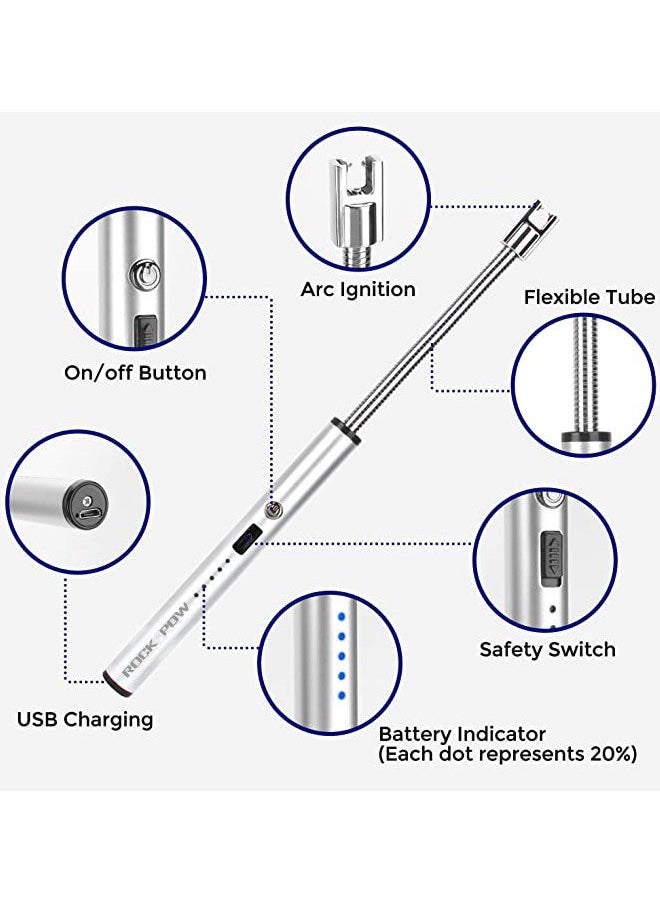 360 Degree Windproof Flameless Flexible Neck Long USB Type-C Rechargeable Electric Candle Arc Lighter With LED Battery Display And Safety Switch Silver 26 x 1.5 1.5cm