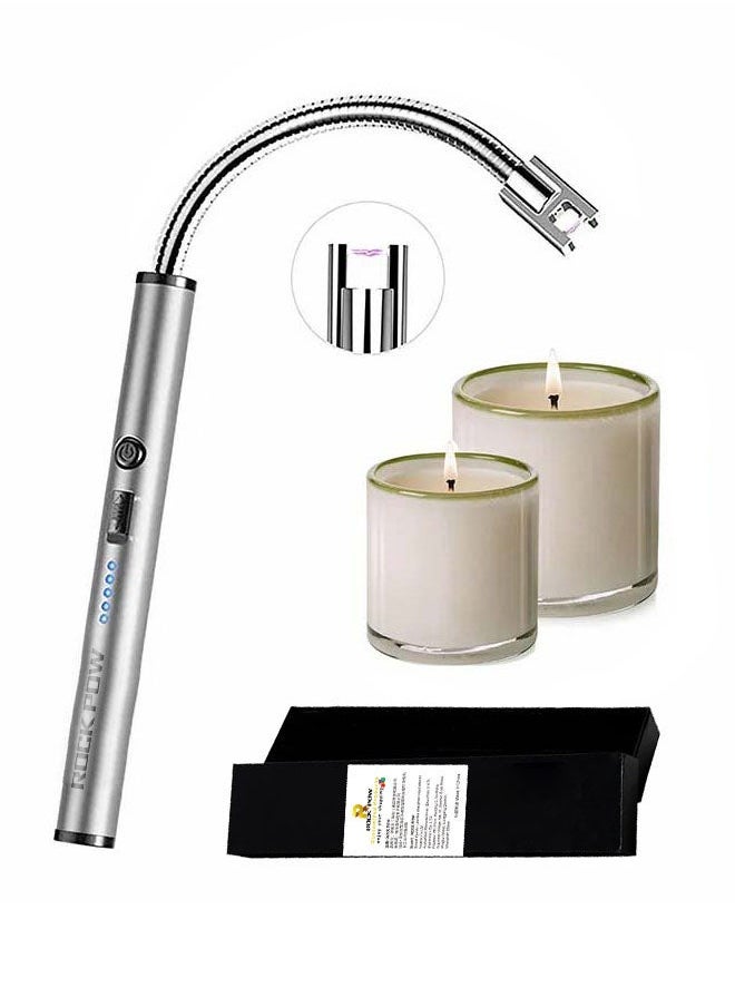 360 Degree Windproof Flameless Flexible Neck Long USB Type-C Rechargeable Electric Candle Arc Lighter With LED Battery Display And Safety Switch Silver 26 x 1.5 1.5cm