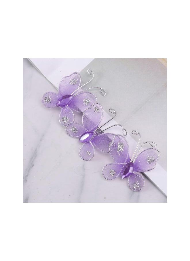 50PCS Wired Mesh Butterfly Glitter Gem Butterfly Craft Decor(Lavender)