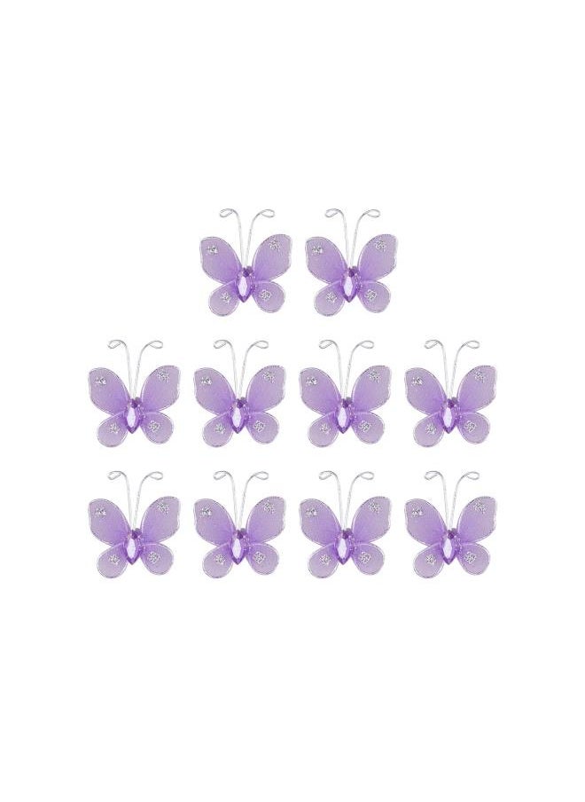 50PCS Wired Mesh Butterfly Glitter Gem Butterfly Craft Decor(Lavender)