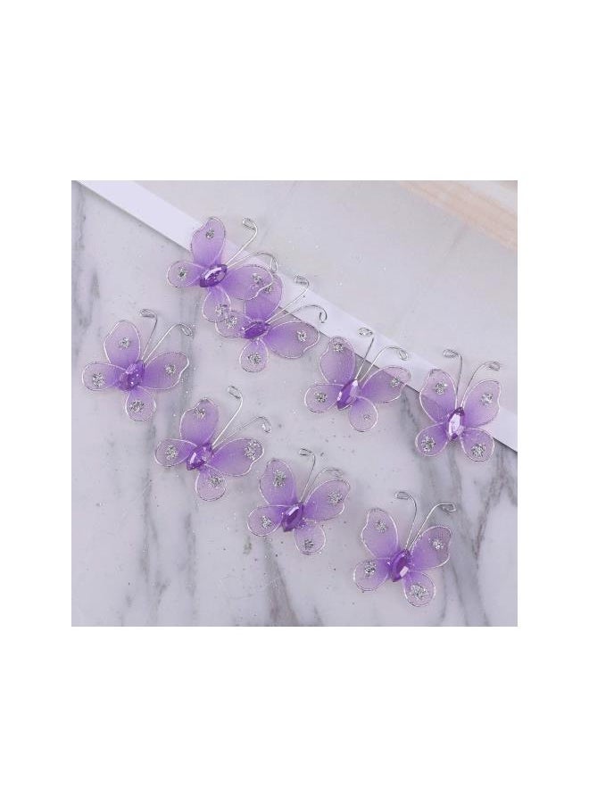 50PCS Wired Mesh Butterfly Glitter Gem Butterfly Craft Decor(Lavender)