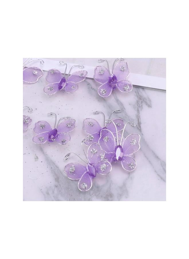 50PCS Wired Mesh Butterfly Glitter Gem Butterfly Craft Decor(Lavender)