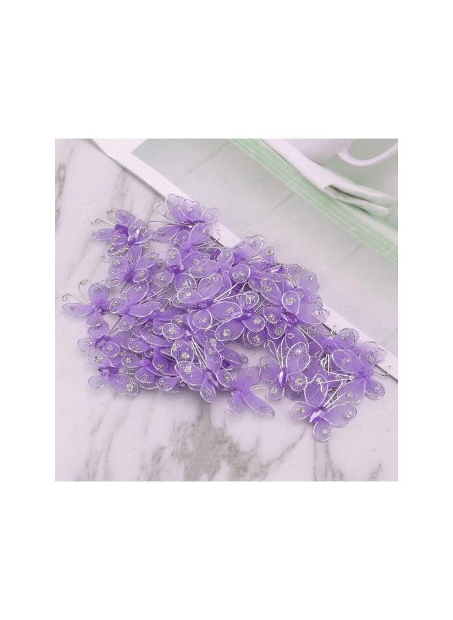 50PCS Wired Mesh Butterfly Glitter Gem Butterfly Craft Decor(Lavender)