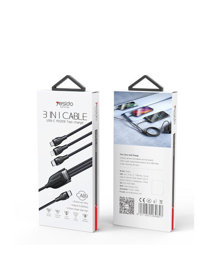 3-in-1 USB cable | Type-C fast charging | Lightning cable | Yesido charging cable | Yesido CA89 3-in-1 Fast Charging USB Type-C Data Cable