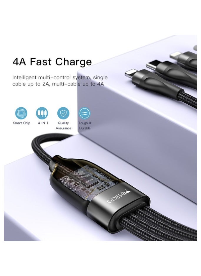 4-in-1 USB Data Cable | 20W Fast Charging for Smartphones | Tablets, and Laptops | Durable 1.2m Nylon Braided Wire | USB to 2 Type-C + 2 Lightning