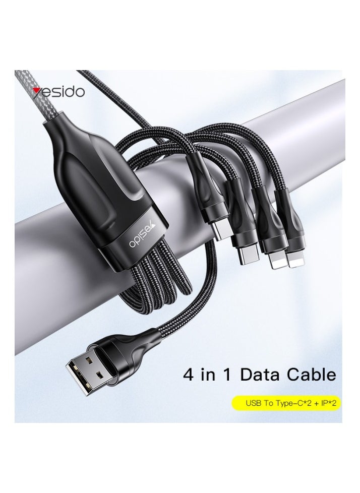 4-in-1 USB Data Cable | 20W Fast Charging for Smartphones | Tablets, and Laptops | Durable 1.2m Nylon Braided Wire | USB to 2 Type-C + 2 Lightning