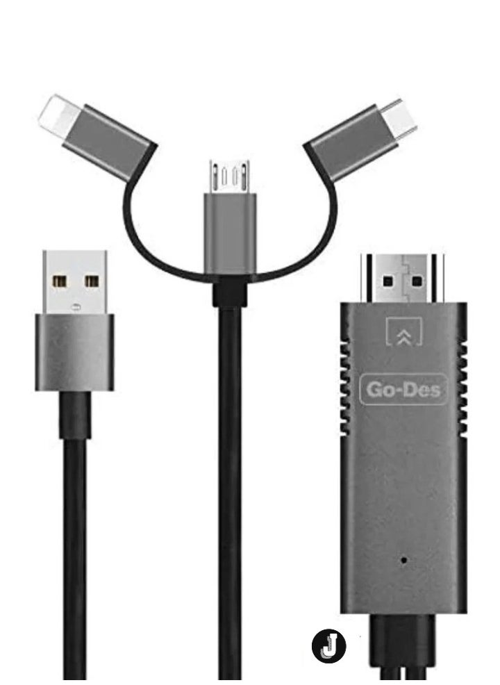 3-in-1 HDMI Cable Adapter – Lightning, Micro USB & USB-C to HDMI, 4K Ultra HD, Plug & Play, Charging While Displaying, Compatible with Android & iOS Devices