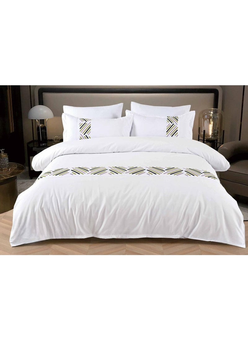 Premium 400 Thread Count Cotton King Size Quilt Cover Set Luxurious Sateen Weave Printer Striped Bedding with Hidden Zipper Closure Includes 4 Pillow Cases White 220*240 cm