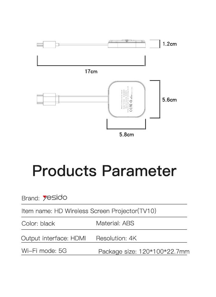 wireless screen mirroring device | 5G WiFi screen receiver | 4K HDMI projector adapter | Yesido TV10 transmitter | mobile to TV display converter | wireless HDMI dongle | 4K video streaming device