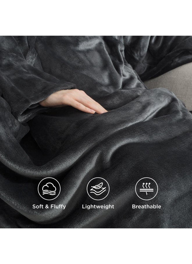 Bedsure Wearable Blanket with Sleeves, Cozy Wearable Fleece Blanket with Arms and Pockets for Women Men, Soft TV Throw Blanket Robe as Gifts for Mom, Charcoal