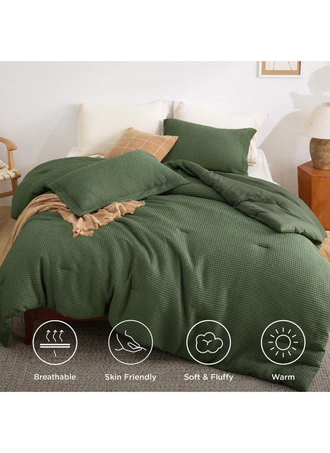 Bedsure Waffle Comforter Set Queen, Soft and Breathable Dark Green Bedding Comforter Set, 3 Pieces, 1 Waffle Weave Comforter (90