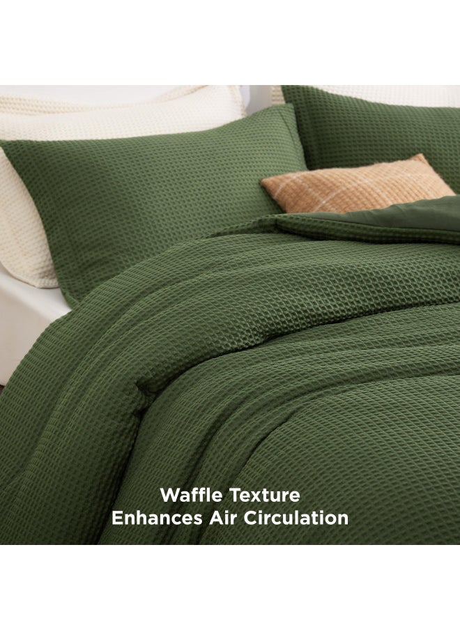 Bedsure Waffle Comforter Set Queen, Soft and Breathable Dark Green Bedding Comforter Set, 3 Pieces, 1 Waffle Weave Comforter (90