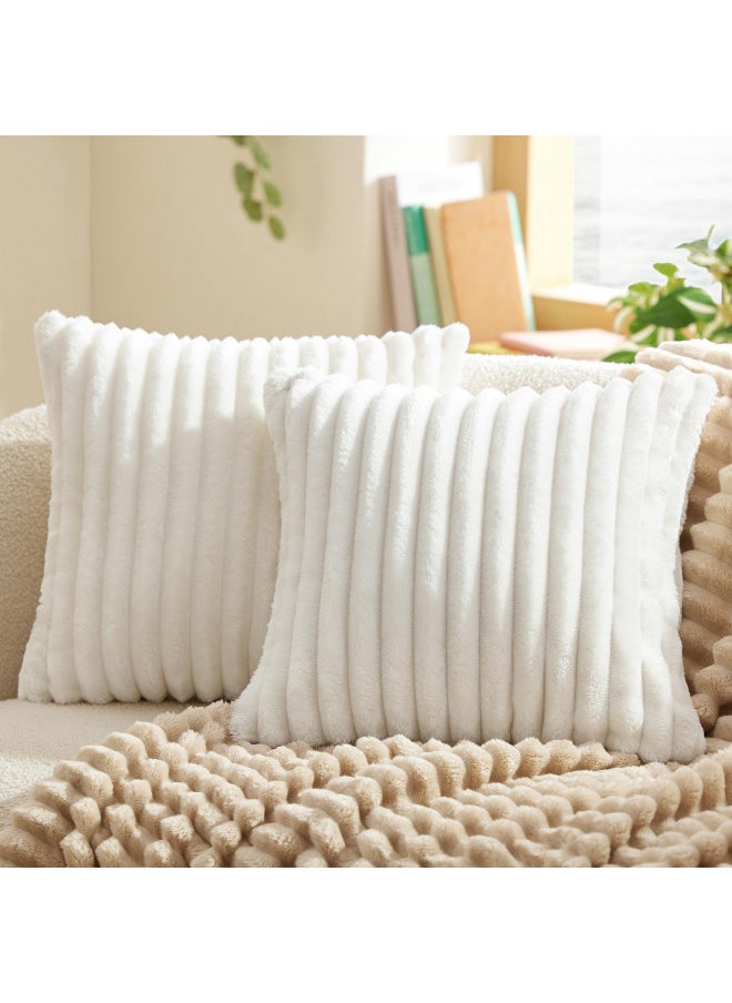 Bedsure Throw Pillow Covers 18x18 Inch - Pack of 2 White Luxury Soft Cozy Fluffy, Striped Pillow Covers, Home Decor for Sofa Couch Bed