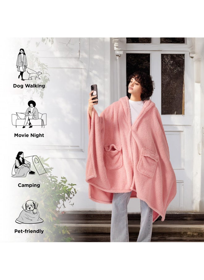 Bedsure Blanket Poncho for Women, Wearable Fleece Blanket with Pockets for Adults, Warm Winter Poncho Shawl, Soft Blanket Wrap Cape as Birthday Gifts for Women Mom (Pink, 36'' x 55'')