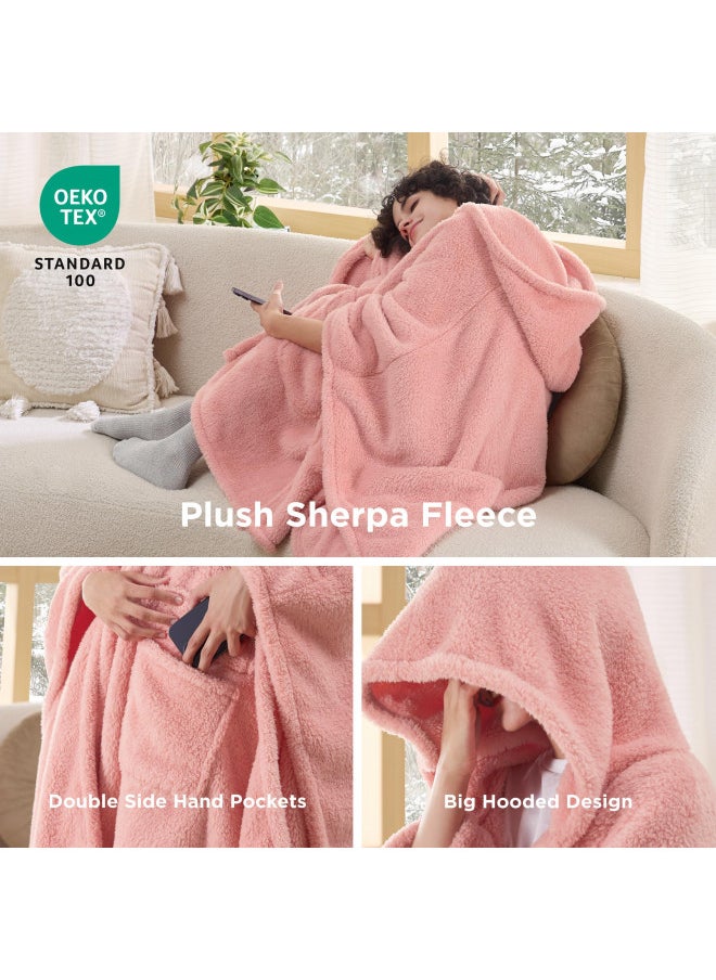 Bedsure Blanket Poncho for Women, Wearable Fleece Blanket with Pockets for Adults, Warm Winter Poncho Shawl, Soft Blanket Wrap Cape as Birthday Gifts for Women Mom (Pink, 36'' x 55'')