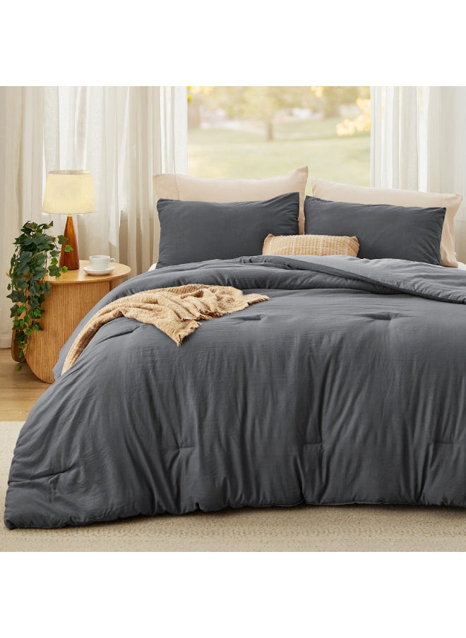 Bedsure California King Comforter Set, Grey Reversible Prewashed Bed Comforter for All Seasons, 3 Pieces Warm Bedding Sets, 1 Lightweight Comforter (104