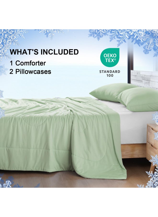 PHF Cooling Comforter Set Queen Size, 3PCS Soft Breathable Lightweight Summer Bedding Set for Hot Sleepers, Silk Smooth Double-Side Cooling Bed Set with 1 Comforter and 2 Pillowcases, Green