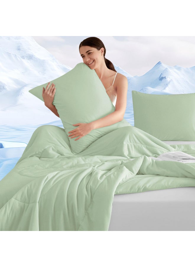 PHF Cooling Comforter Set Queen Size, 3PCS Soft Breathable Lightweight Summer Bedding Set for Hot Sleepers, Silk Smooth Double-Side Cooling Bed Set with 1 Comforter and 2 Pillowcases, Green