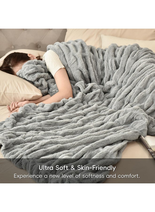 PHF Fluffy Ruched Faux Fur Throw Blanket for Couch,Cozy Plush Soft Luxury Warm for Fall Winter,Reversible Furry Thick Lightweight Blanket for Bed Sofa,Aesthetic Room Decor,50 * 60 Inches,Grey