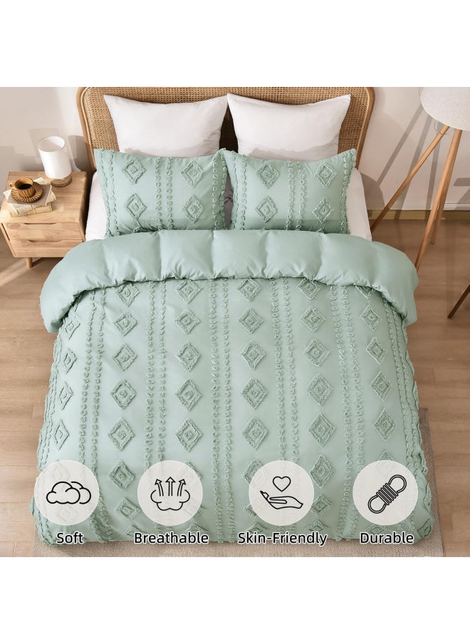 PHF Boho Duvet Cover King Size, Soft Tufted Duvet Cover Set for All Seasons, 3 Pieces Textured Shabby Chic Bedding Set with 2 Pillowcases, Sage Green, 104