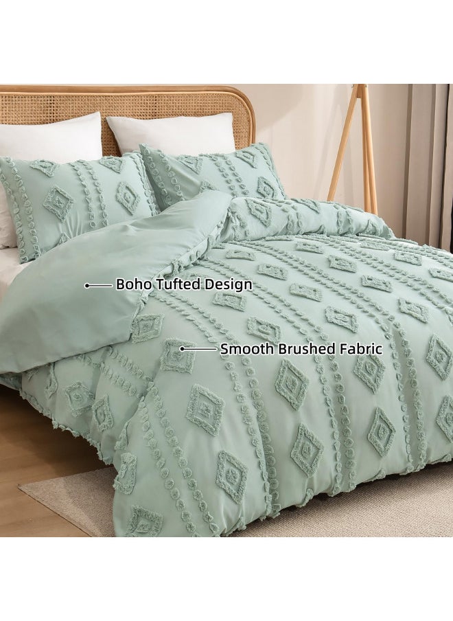 PHF Boho Duvet Cover King Size, Soft Tufted Duvet Cover Set for All Seasons, 3 Pieces Textured Shabby Chic Bedding Set with 2 Pillowcases, Sage Green, 104