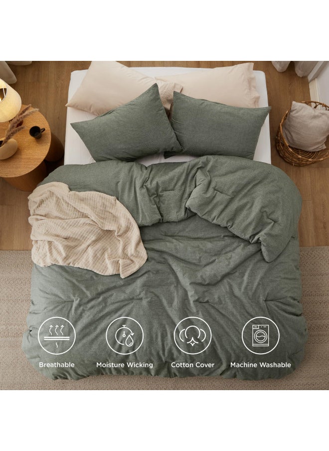 Bedsure Cotton Comforter Set Queen Size - Grayish Olive Green 100% Washed Cotton Comforter, Soft Bedding for All Seasons, 3 Pieces, 1 Comforter (90