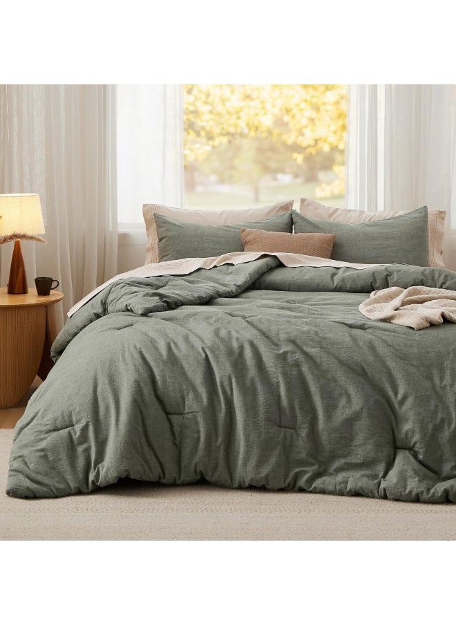 Bedsure Cotton Comforter Set Queen Size - Grayish Olive Green 100% Washed Cotton Comforter, Soft Bedding for All Seasons, 3 Pieces, 1 Comforter (90