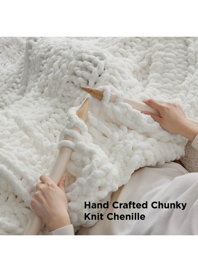 Bedsure Chunky Knit Blanket Throw - 100% Hand Knit Chenille Chunky Throw Blanket for Couch, Thick and Warm Blanket for Winter, Cream White, 50x60 Inches