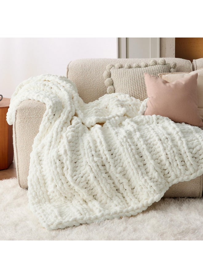 Bedsure Chunky Knit Blanket Throw - 100% Hand Knit Chenille Chunky Throw Blanket for Couch, Thick and Warm Blanket for Winter, Cream White, 50x60 Inches