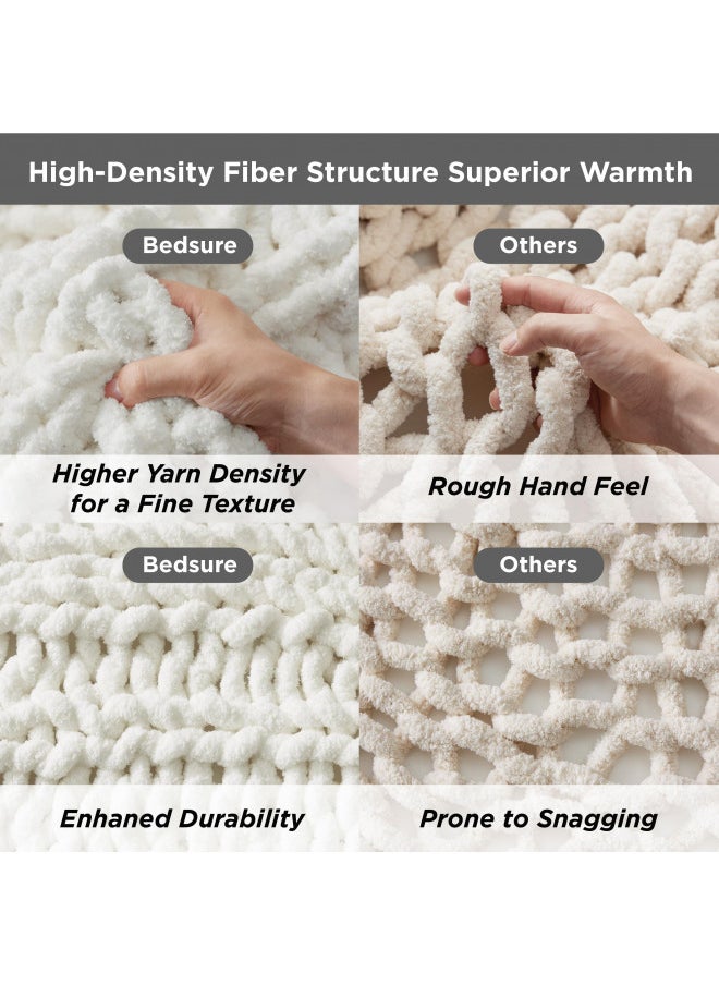 Bedsure Chunky Knit Blanket Throw - 100% Hand Knit Chenille Chunky Throw Blanket for Couch, Thick and Warm Blanket for Winter, Cream White, 50x60 Inches