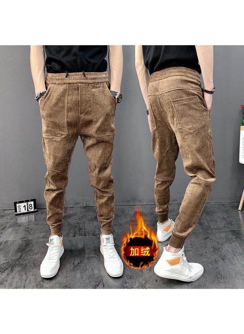 Fleece-Lined Mens Slim Fit Joggers Casual Corduroy Pants Coffee