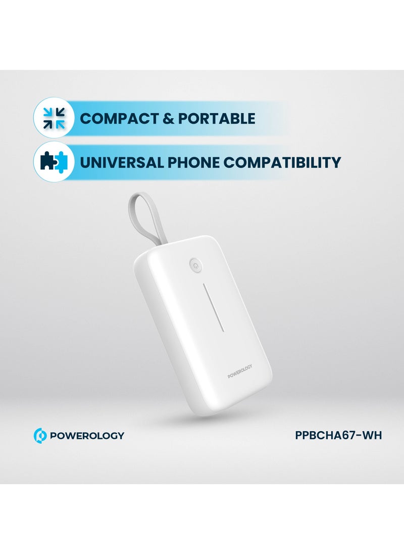 PD 30W 20000 mAh Power Bank / Type-C Port and USB-A Port / Built-in 30cm Type-C Cable / Advanced Charging Technology / Built-in Safeguards / 3 Device Charging / Detachable USB-C Wire / Compact and Portable - White