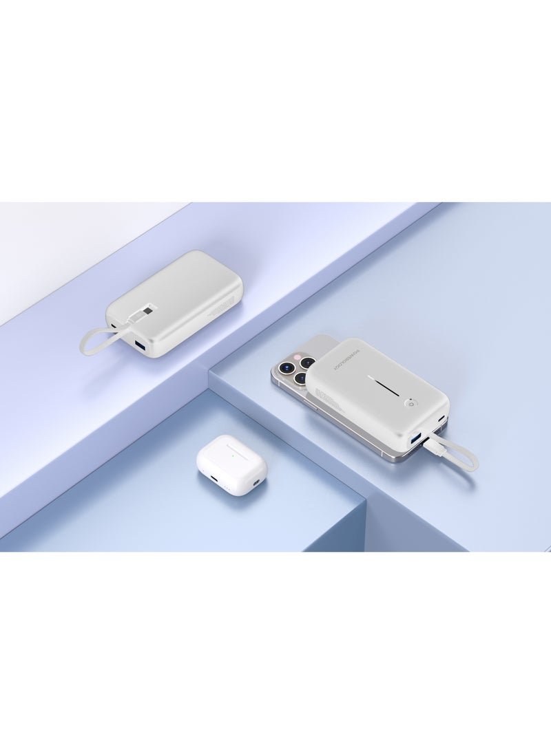 PD 30W 20000 mAh Power Bank / Type-C Port and USB-A Port / Built-in 30cm Type-C Cable / Advanced Charging Technology / Built-in Safeguards / 3 Device Charging / Detachable USB-C Wire / Compact and Portable - White