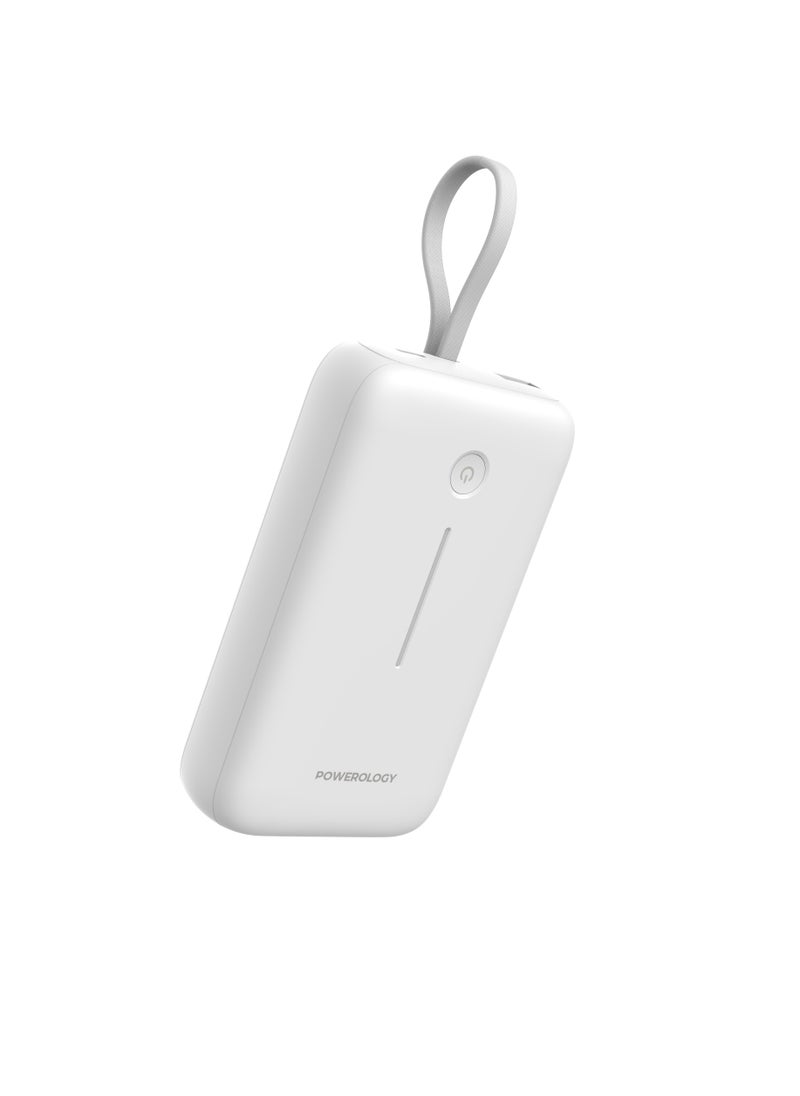 PD 30W 20000 mAh Power Bank / Type-C Port and USB-A Port / Built-in 30cm Type-C Cable / Advanced Charging Technology / Built-in Safeguards / 3 Device Charging / Detachable USB-C Wire / Compact and Portable - White