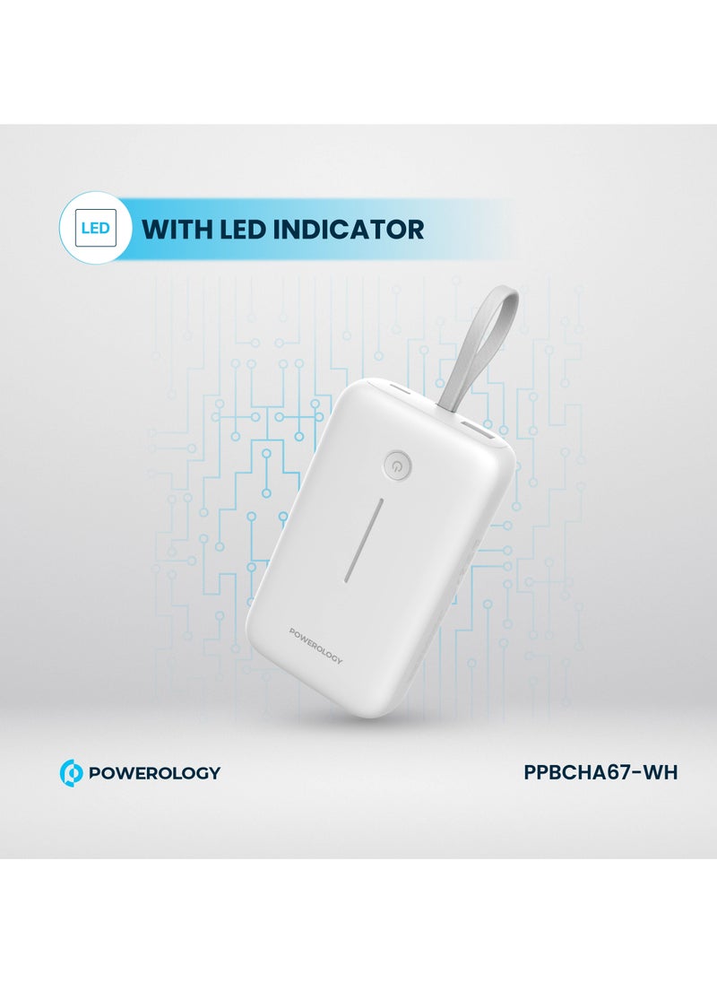 PD 30W 20000 mAh Power Bank / Type-C Port and USB-A Port / Built-in 30cm Type-C Cable / Advanced Charging Technology / Built-in Safeguards / 3 Device Charging / Detachable USB-C Wire / Compact and Portable - White