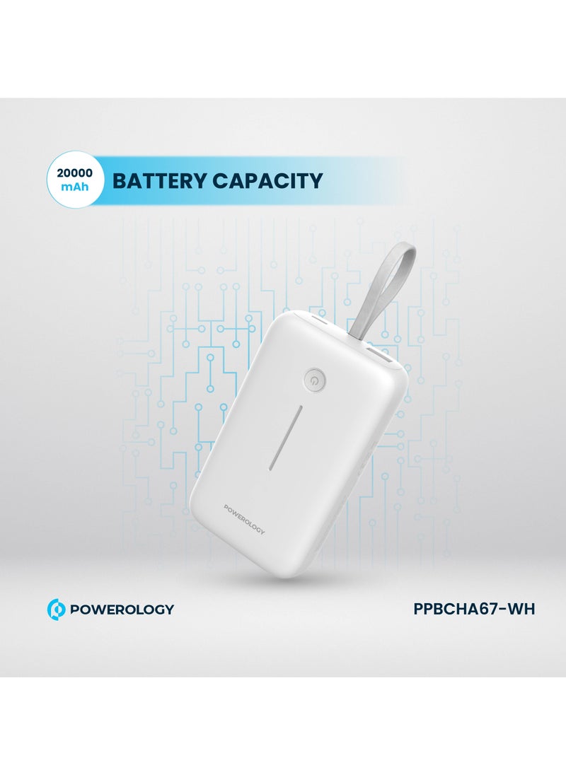 PD 30W 20000 mAh Power Bank / Type-C Port and USB-A Port / Built-in 30cm Type-C Cable / Advanced Charging Technology / Built-in Safeguards / 3 Device Charging / Detachable USB-C Wire / Compact and Portable - White