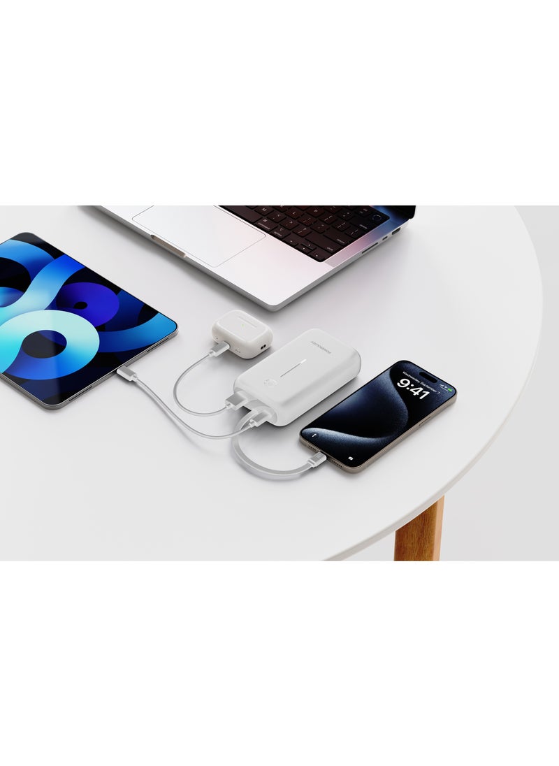 PD 30W 20000 mAh Power Bank / Type-C Port and USB-A Port / Built-in 30cm Type-C Cable / Advanced Charging Technology / Built-in Safeguards / 3 Device Charging / Detachable USB-C Wire / Compact and Portable - White