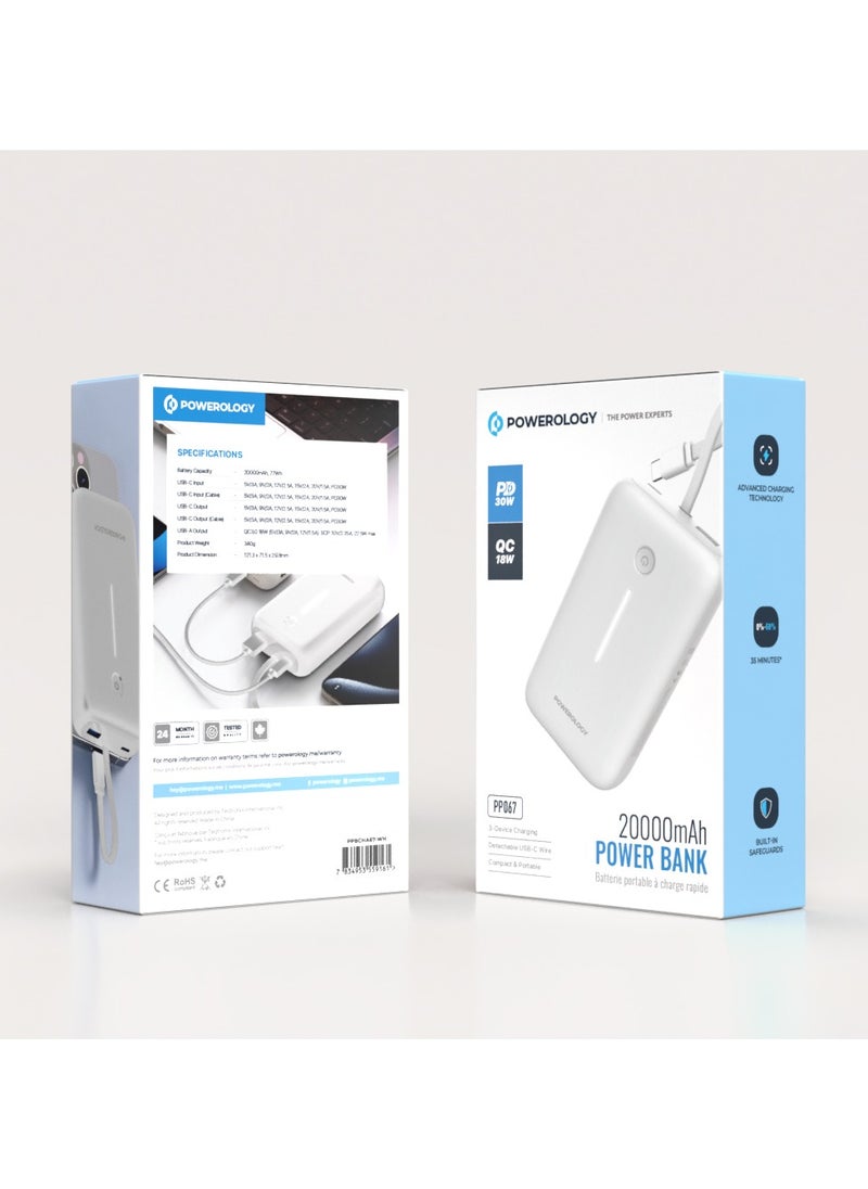 PD 30W 20000 mAh Power Bank / Type-C Port and USB-A Port / Built-in 30cm Type-C Cable / Advanced Charging Technology / Built-in Safeguards / 3 Device Charging / Detachable USB-C Wire / Compact and Portable - White