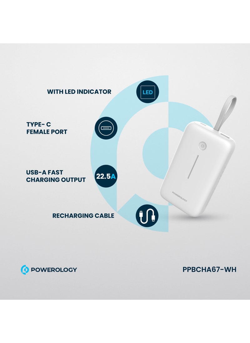 PD 30W 20000 mAh Power Bank / Type-C Port and USB-A Port / Built-in 30cm Type-C Cable / Advanced Charging Technology / Built-in Safeguards / 3 Device Charging / Detachable USB-C Wire / Compact and Portable - White