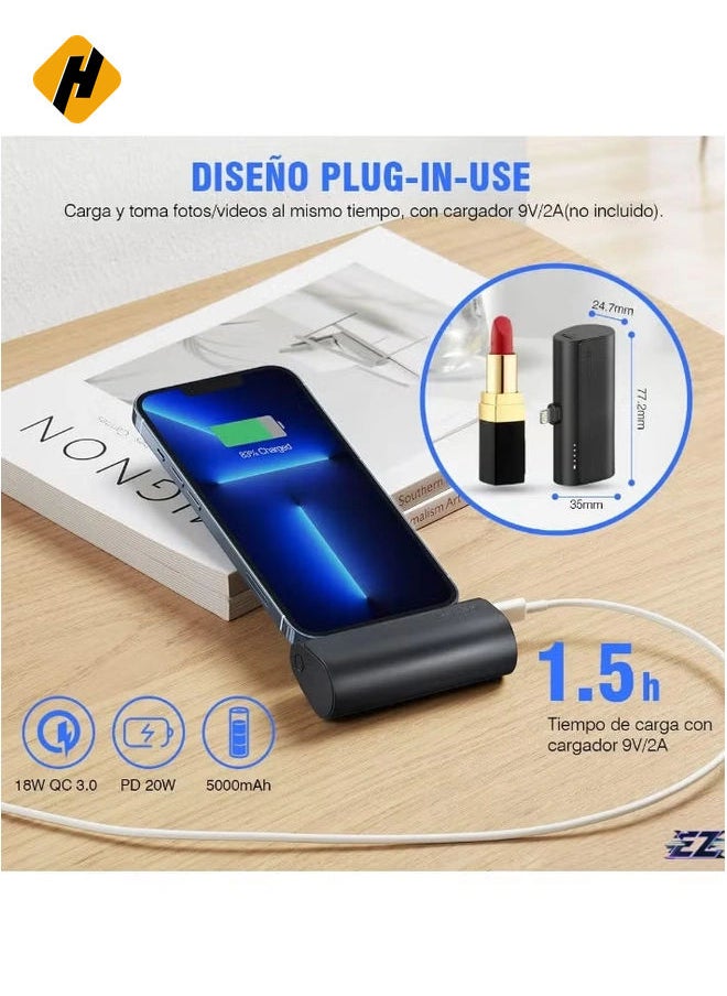 Mini Portable Powerbank 5000mAh – Fast Charging 20W PD & QC 3.0 External Battery with Built-in Plug, Compatible with iPhone 13/12/11/XR/X/8/7/6/Plus